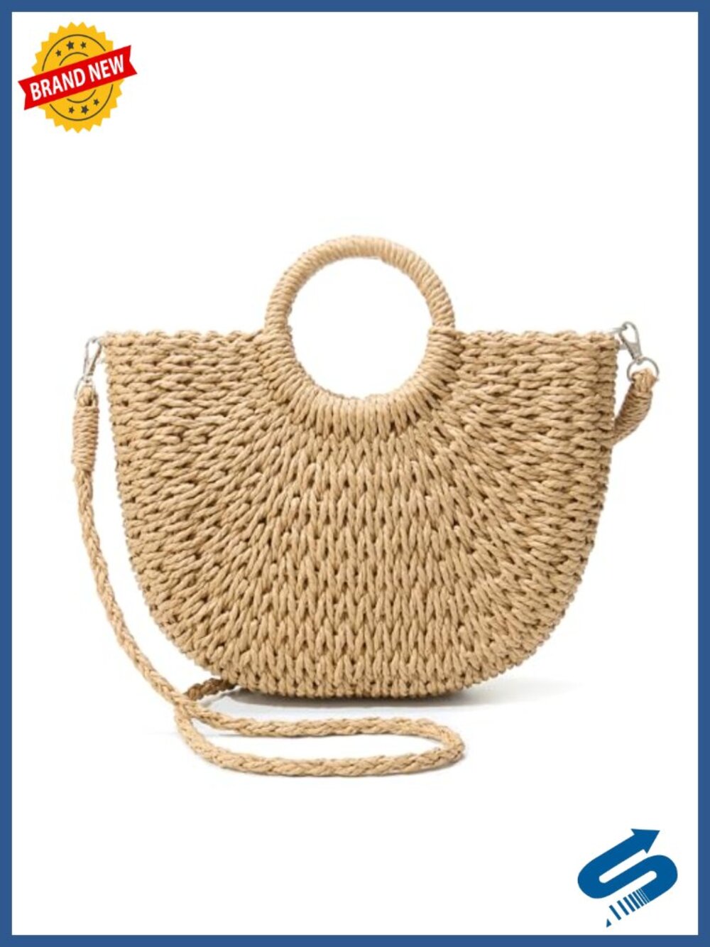 Handwoven Straw Rattan Crossbody Tote Beach Bag with Drawstring